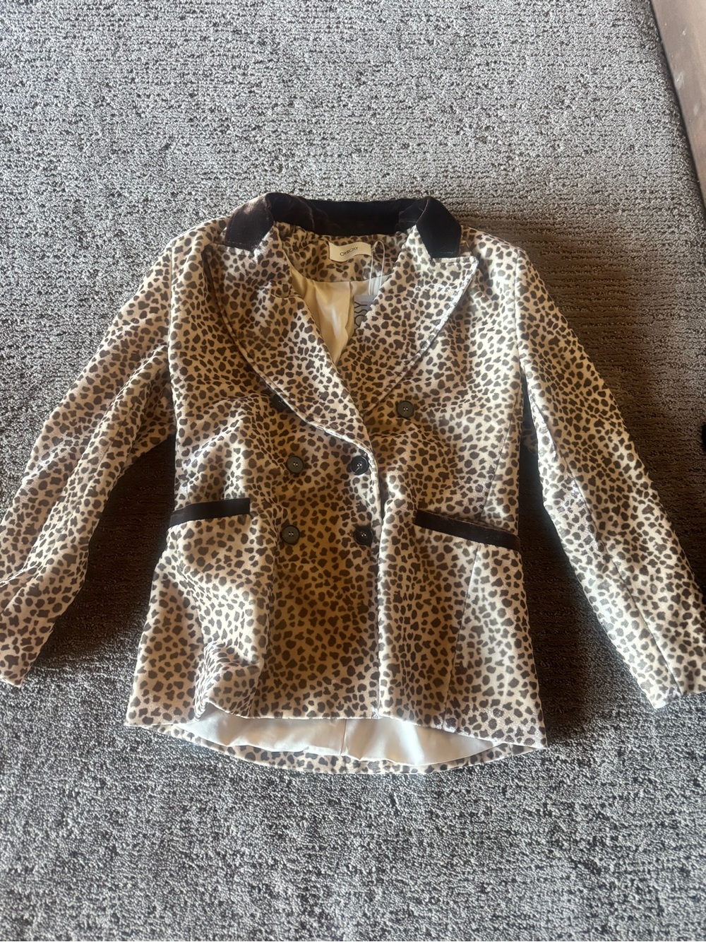Leopard Print Double-Breasted Blazer with Black Trim